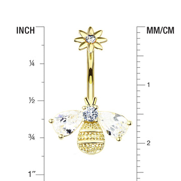 Detail View 1 of Golden Flower Sparkle Honey Bee Internally Threaded Belly Button Ring-Clear Gem